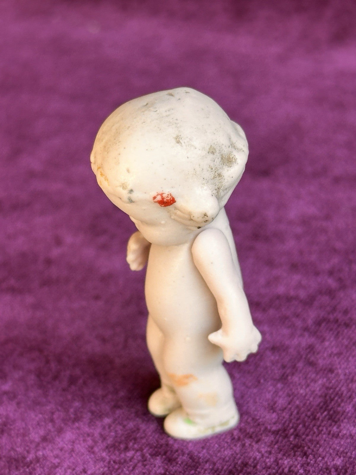 Antique German 2.125” Dollhouse All Bisque Hertwig Miniature Doll Molded Flowers