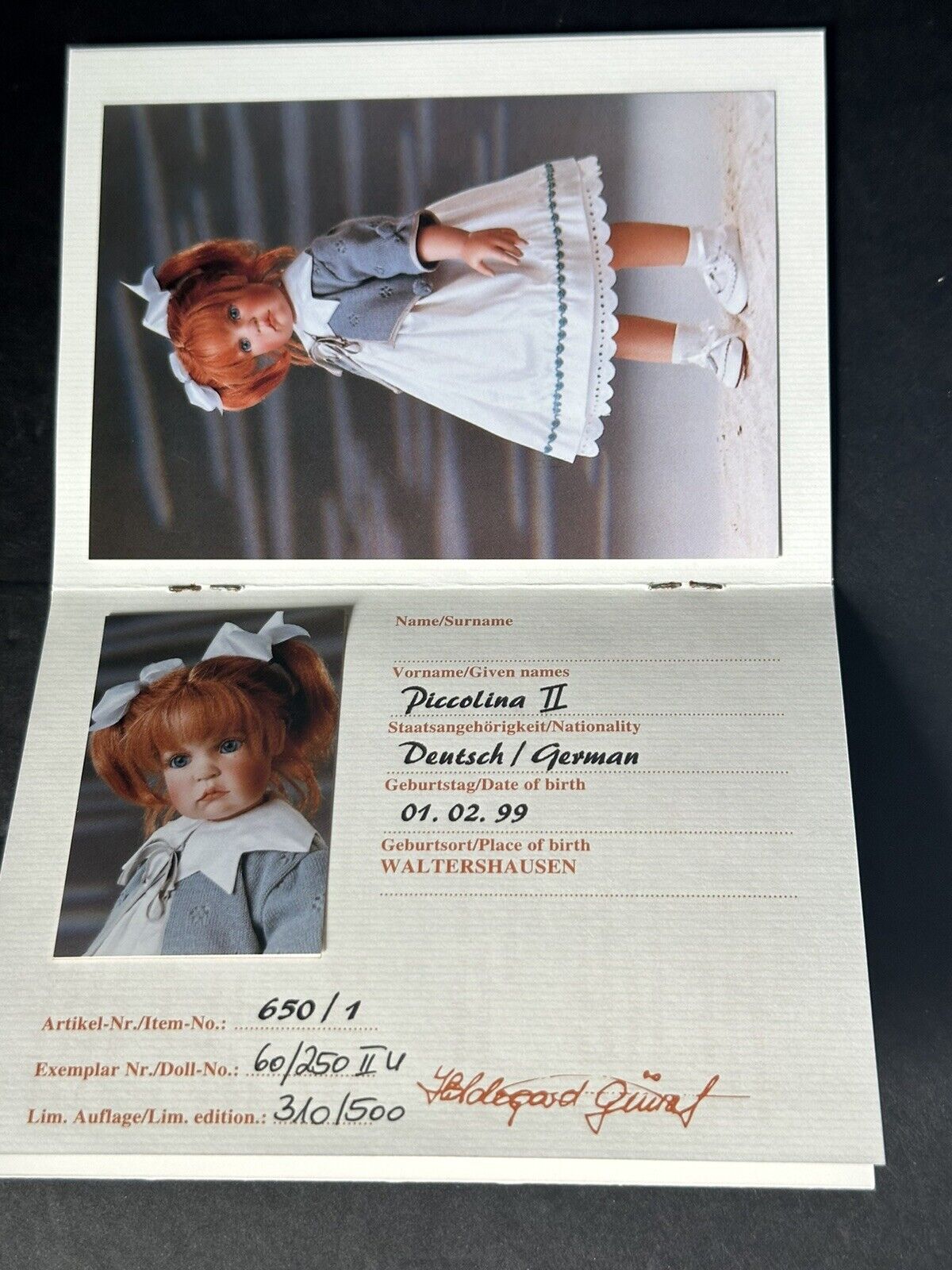 Vinyl Waltershauser Piccolina II 24” Doll Hildegard Gunzel LE 500 Box/Tag/COA