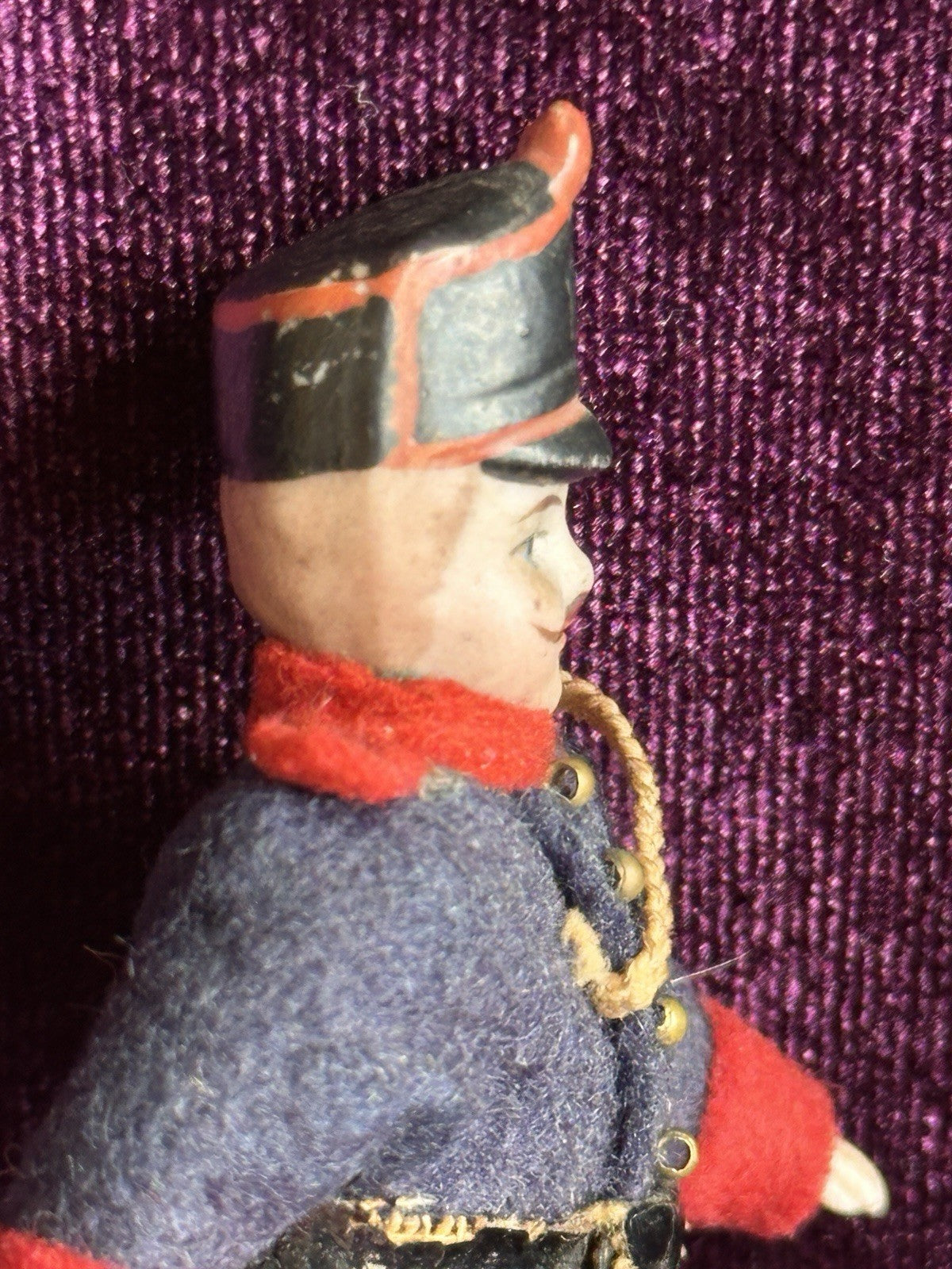 Antique German Bisque 2.875” Soldier Molded Hat Miniature Dollhouse Soldier Doll