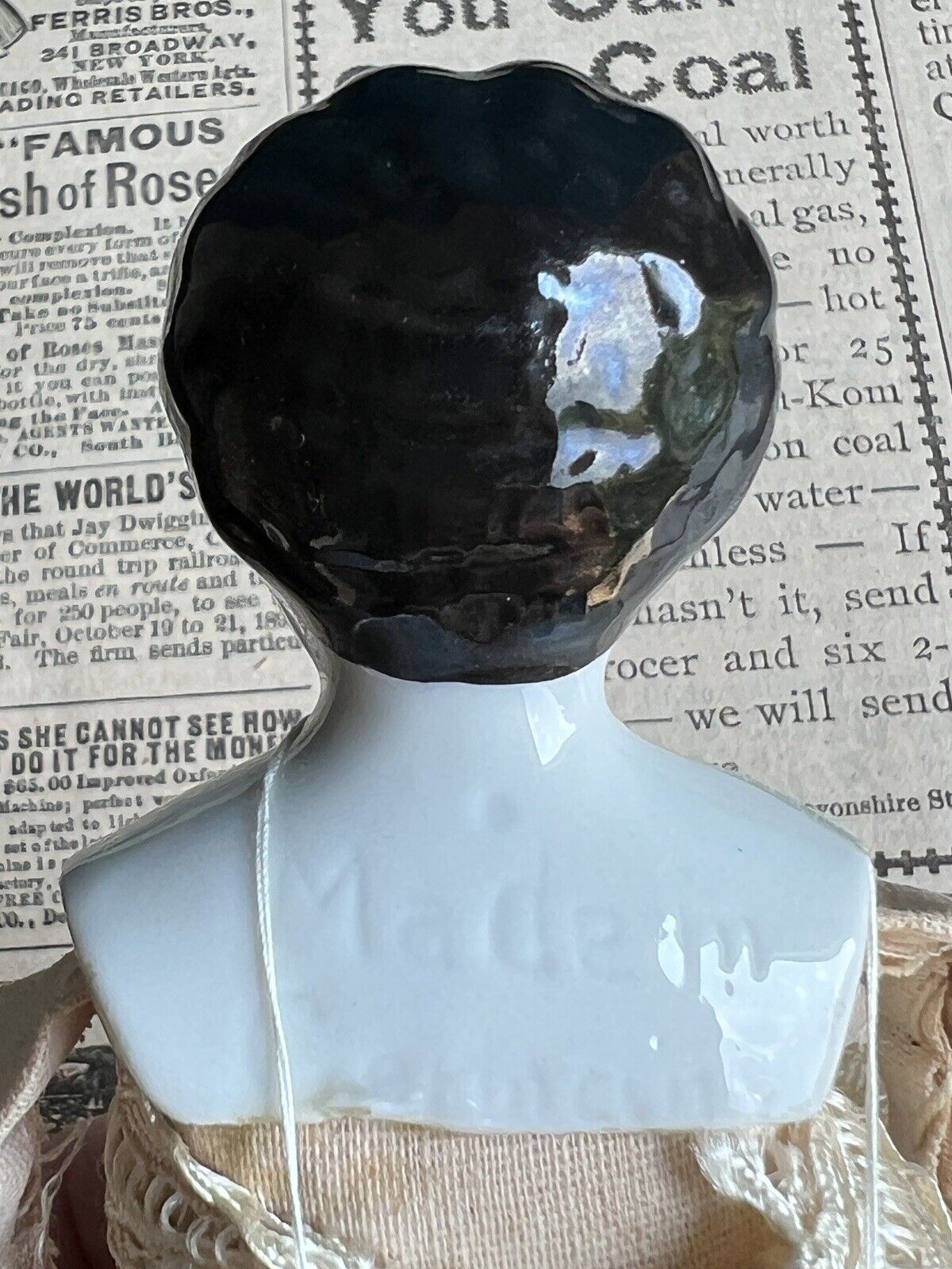Antique German 9” Hertwig Miniature China Shoulder Head Doll