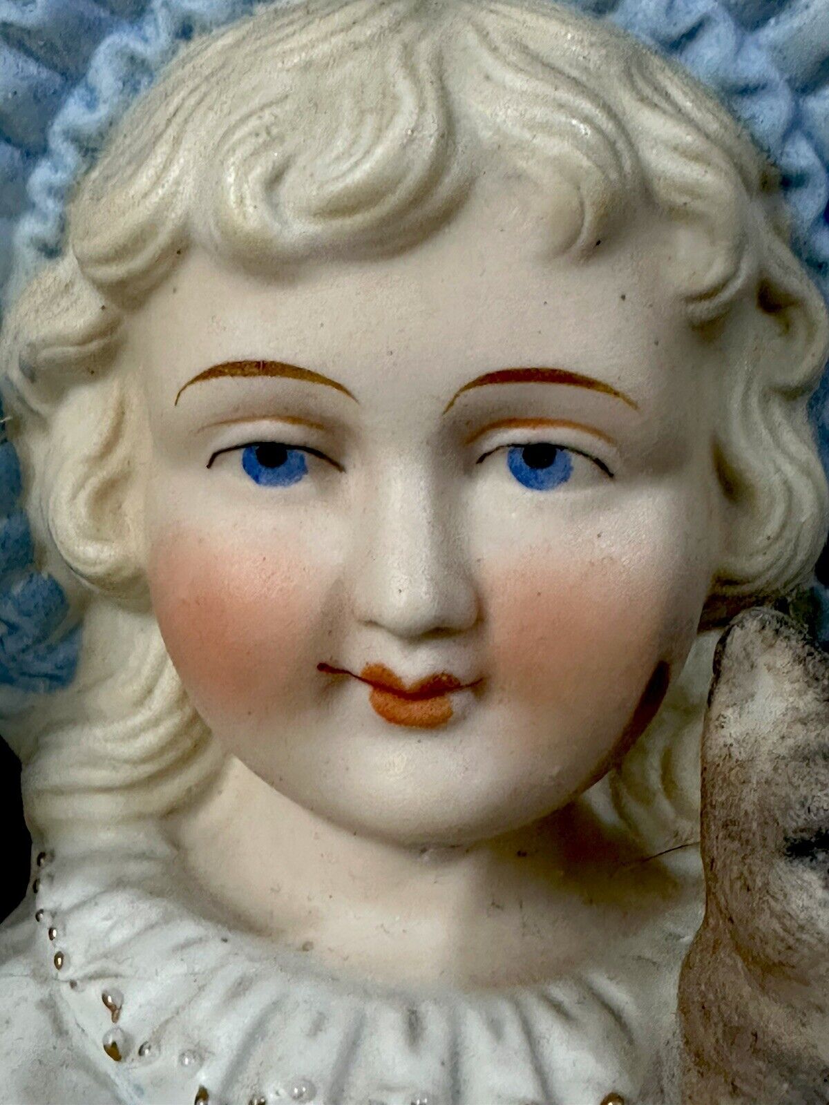 Antique Bisque Large 11” Figurine Boy and Girl In Blue Holding Cats Numbered 15