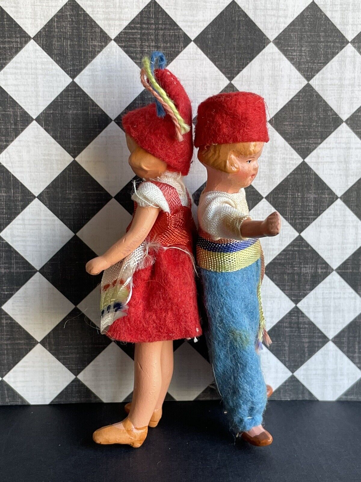 Pair of Antique German Hertwig All Bisque Miniature Dollhouse Boy and Girl Dolls