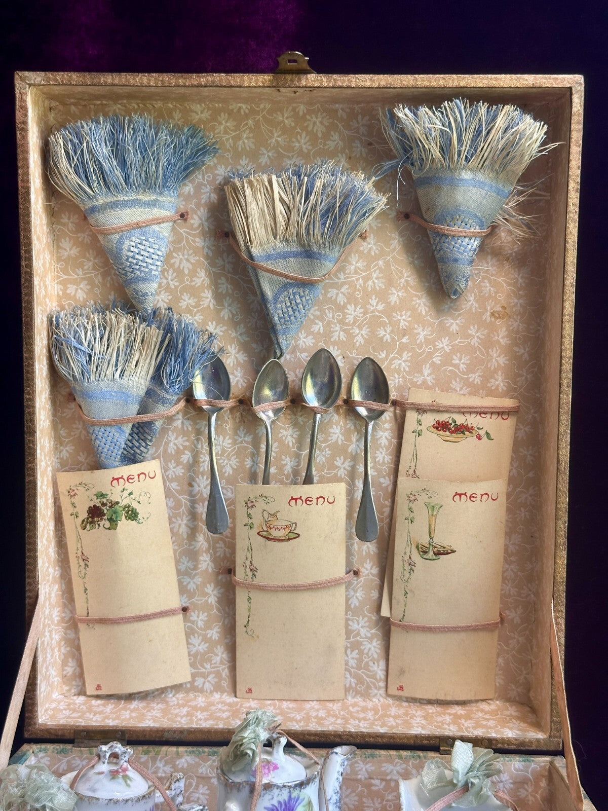 Antique All Original French Doll China Tea Service Set in Presentation Box