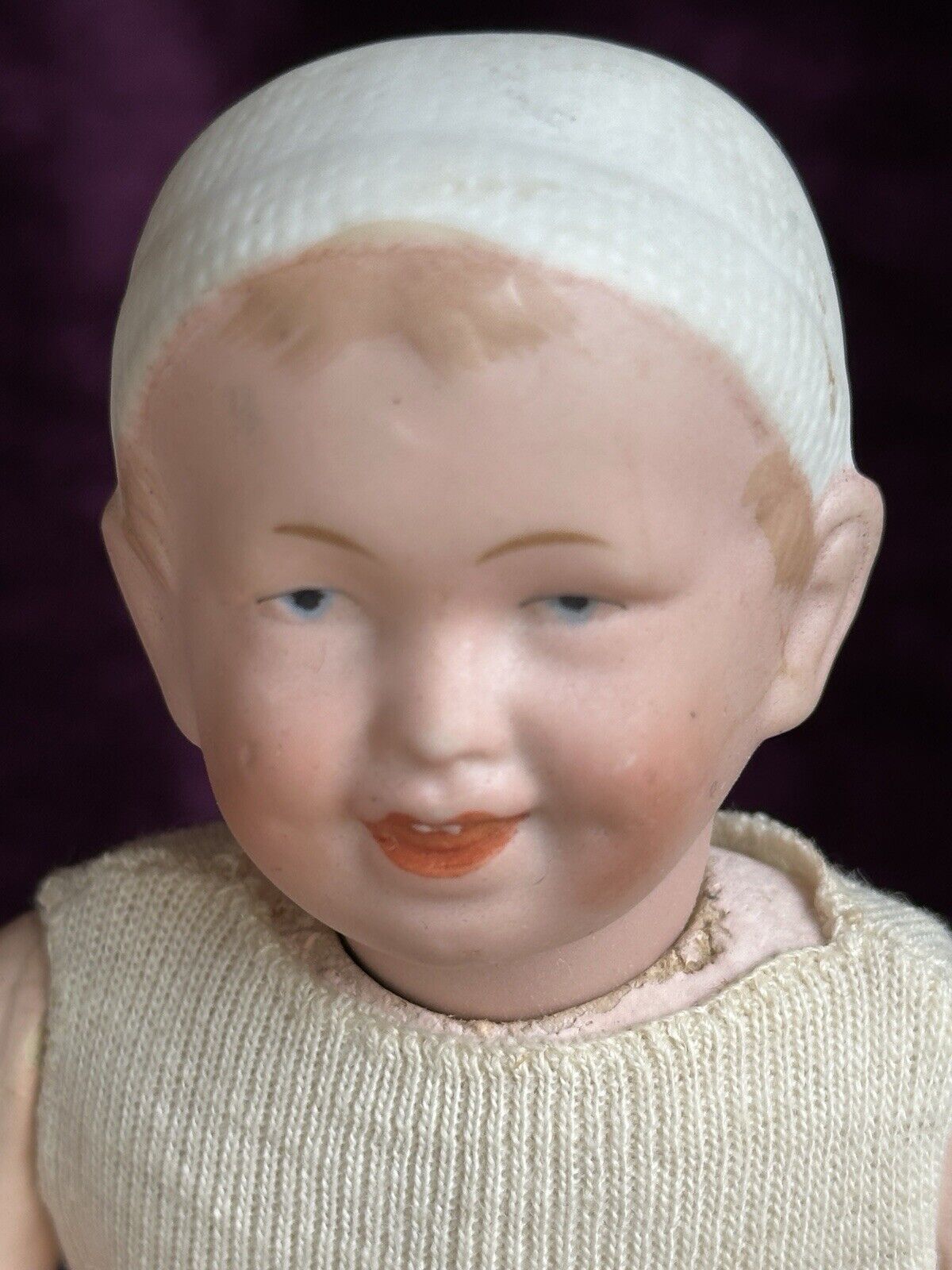 Antique German 8” Theodor Recknagel 28 Bisque Head Molded Hat Girl Baby Doll