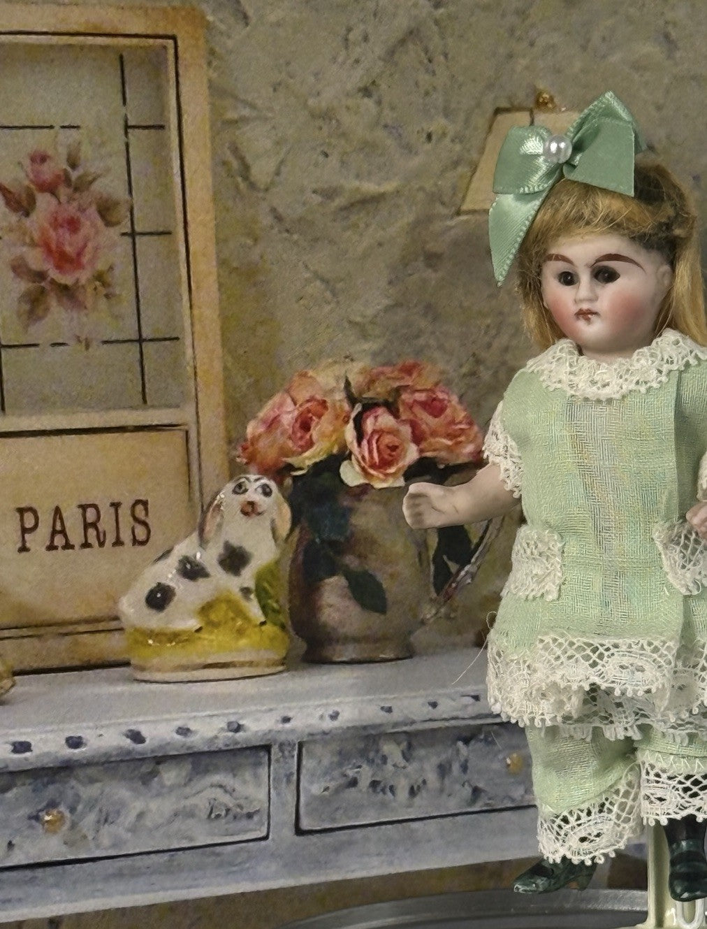 Antique German 4” All Bisque Mignonette Dollhouse Doll Unusual Green Boots