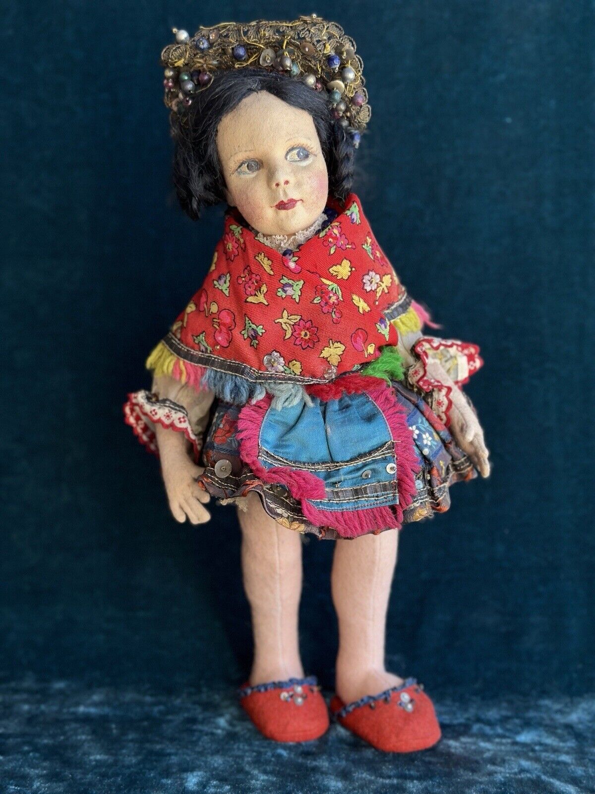Very Rare 14” Vintage Lenci Portrait (?) Ethnic Felt Boudoir Style Doll