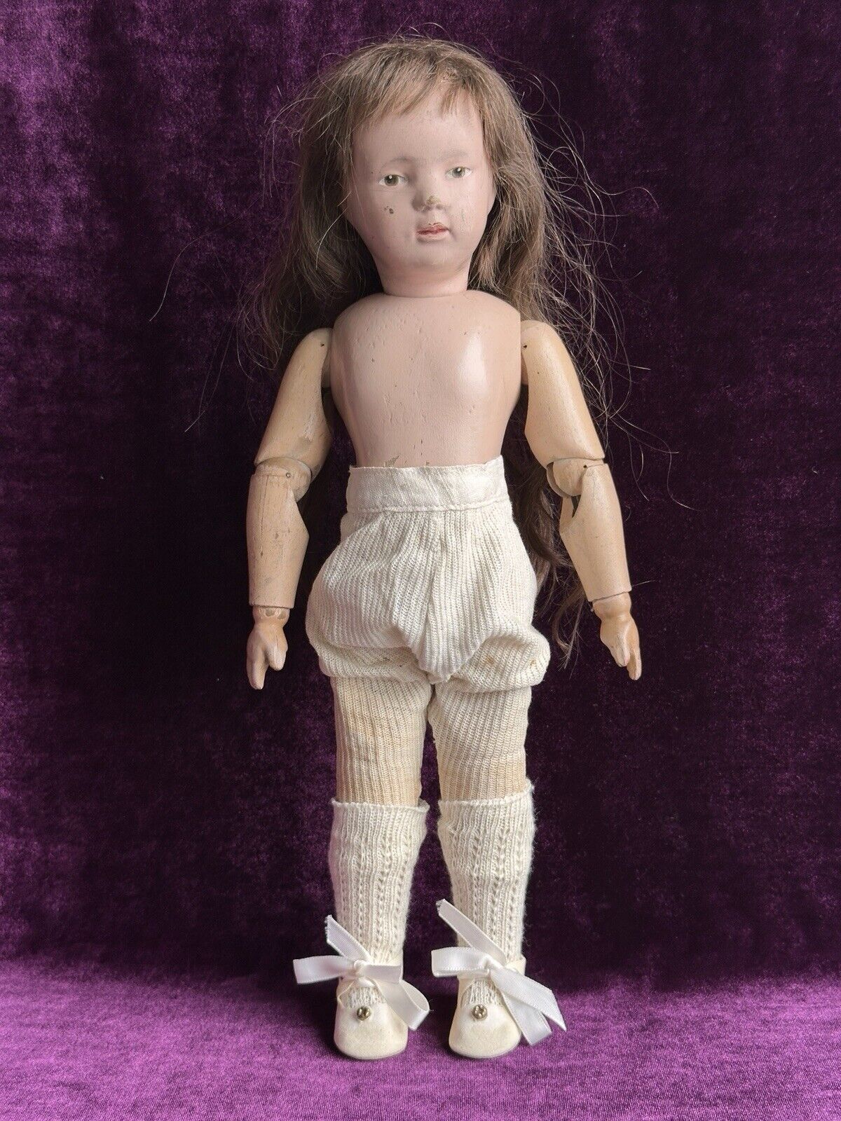 Antique 14” American Schoenhut Model 312 Wood Carved Spring Jointed Girl Doll