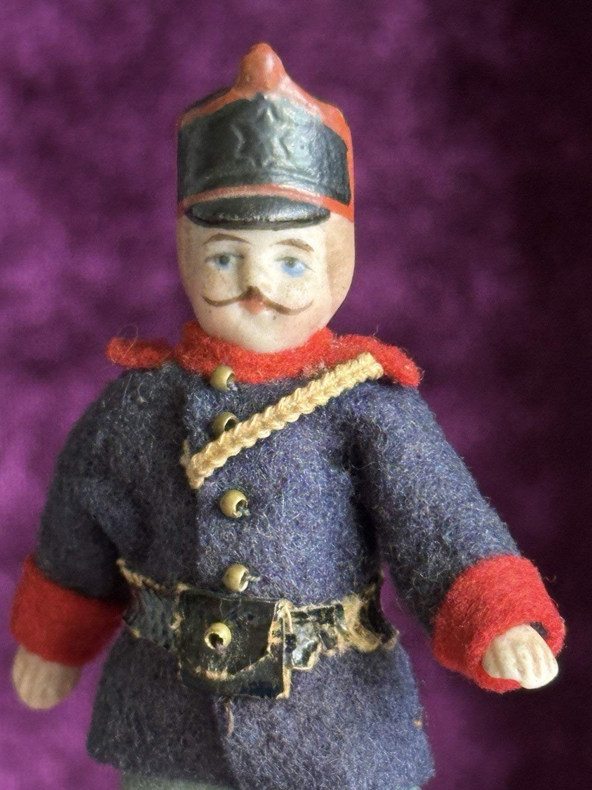 Antique German Bisque 2.875” Soldier Molded Hat Miniature Dollhouse Soldier Doll