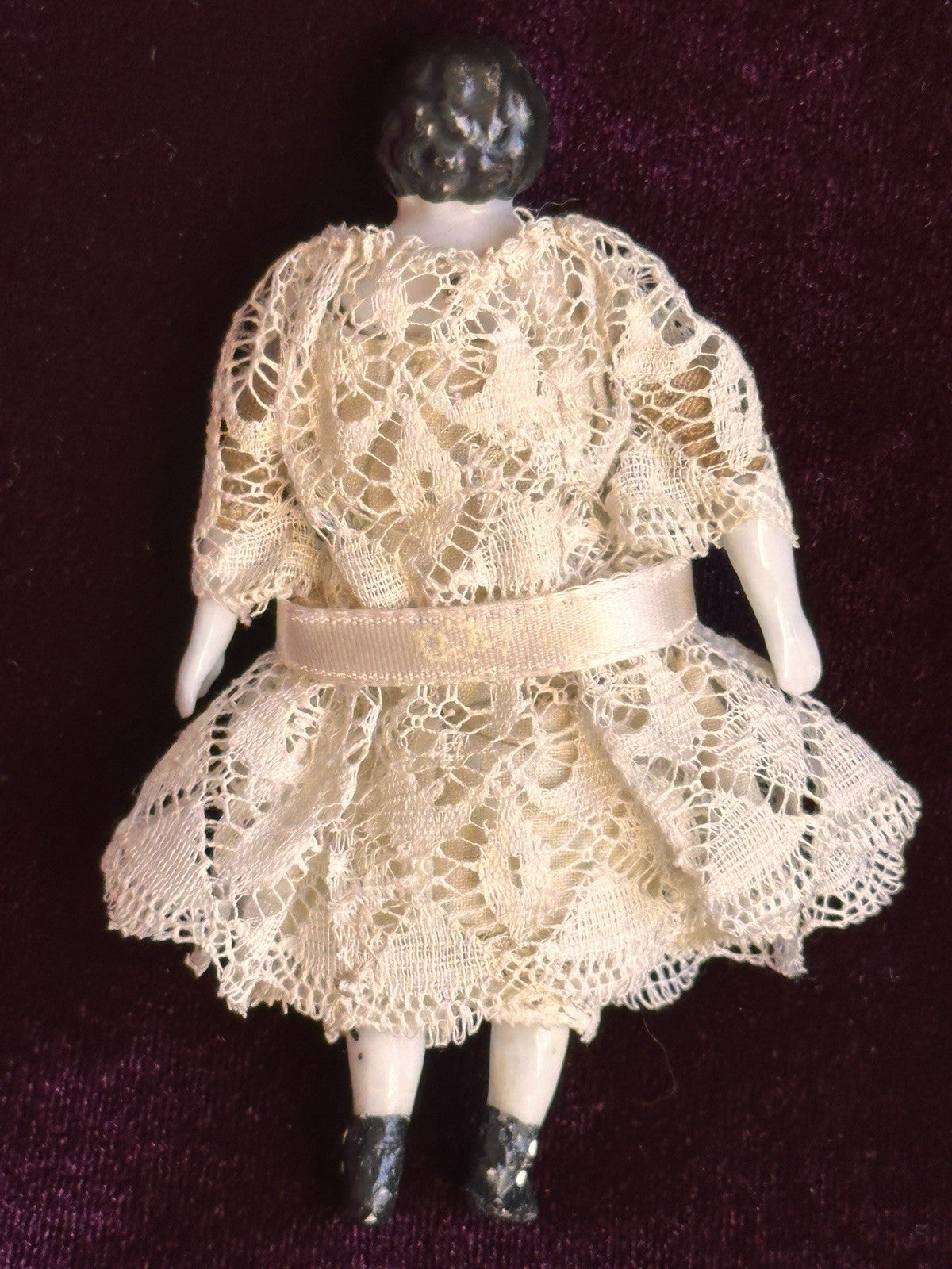 Antique German 4” Primitive Bisque Cloth Miniature Dollhouse China Doll