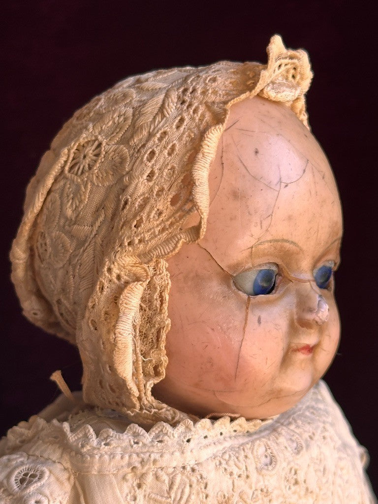 Antique 13.5” Motschmann Type Taufling Body Wax Over Papier Mache Bebe Doll