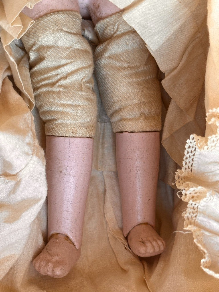 Antique 13.5” Motschmann Type Taufling Body Wax Over Papier Mache Bebe Doll