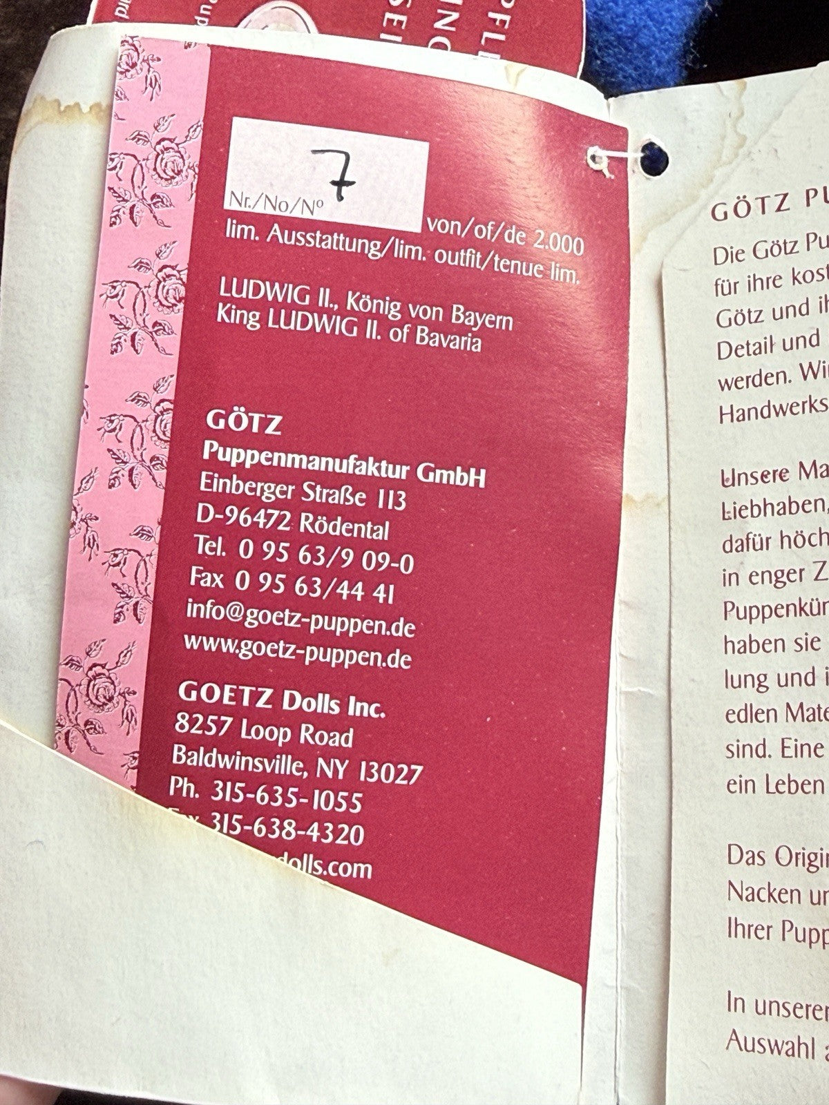 Collectible 21” Gotz All Vinyl Ludwig Boy Doll with Tag/Certificate LE 2000