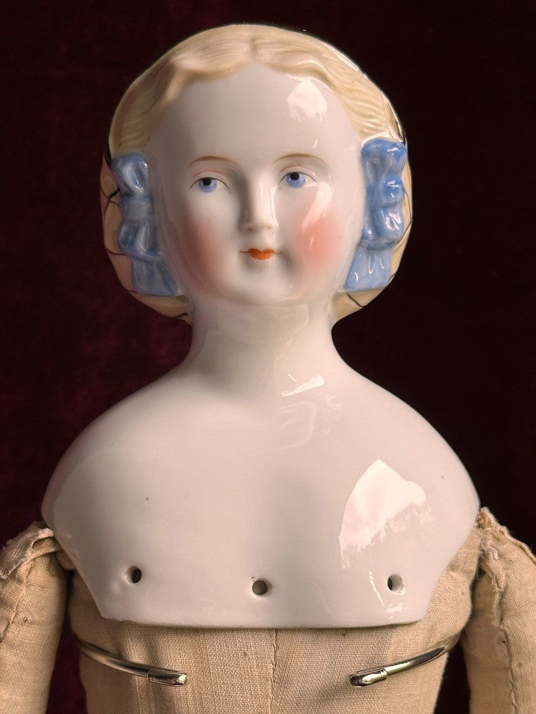 Rare Antique German 17.5” Molded Snood Blue Bows China Shoulder Head Doll