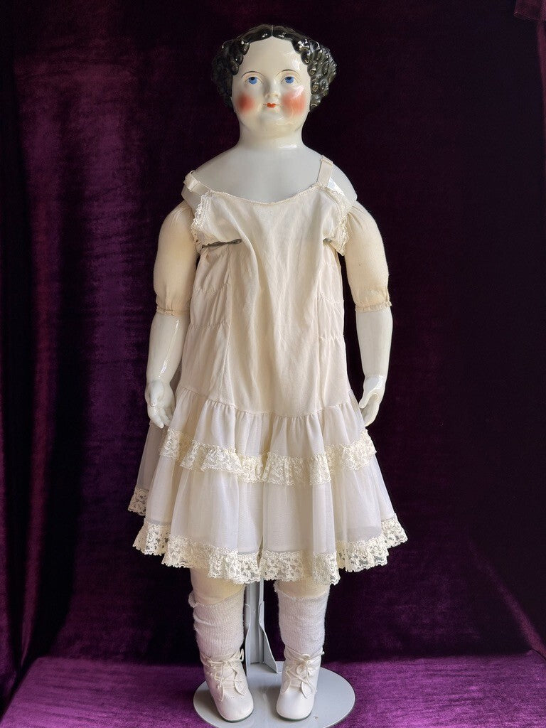 Large Antique German 31” Flat Top Highbrow China Shoulder Head Doll
