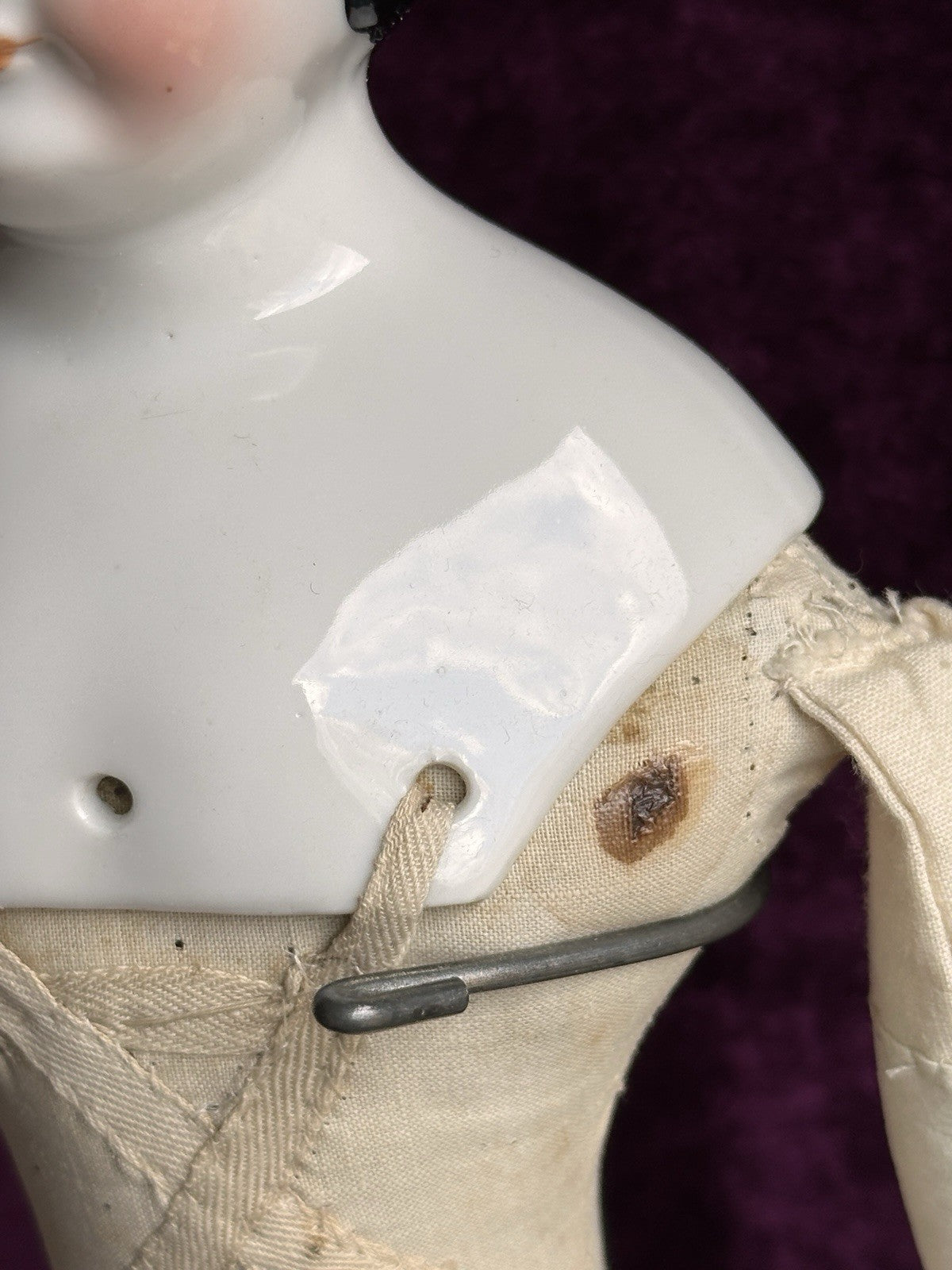 Antique German 19” Flat Top Highbrow Three Holes China Shoulder Head Doll