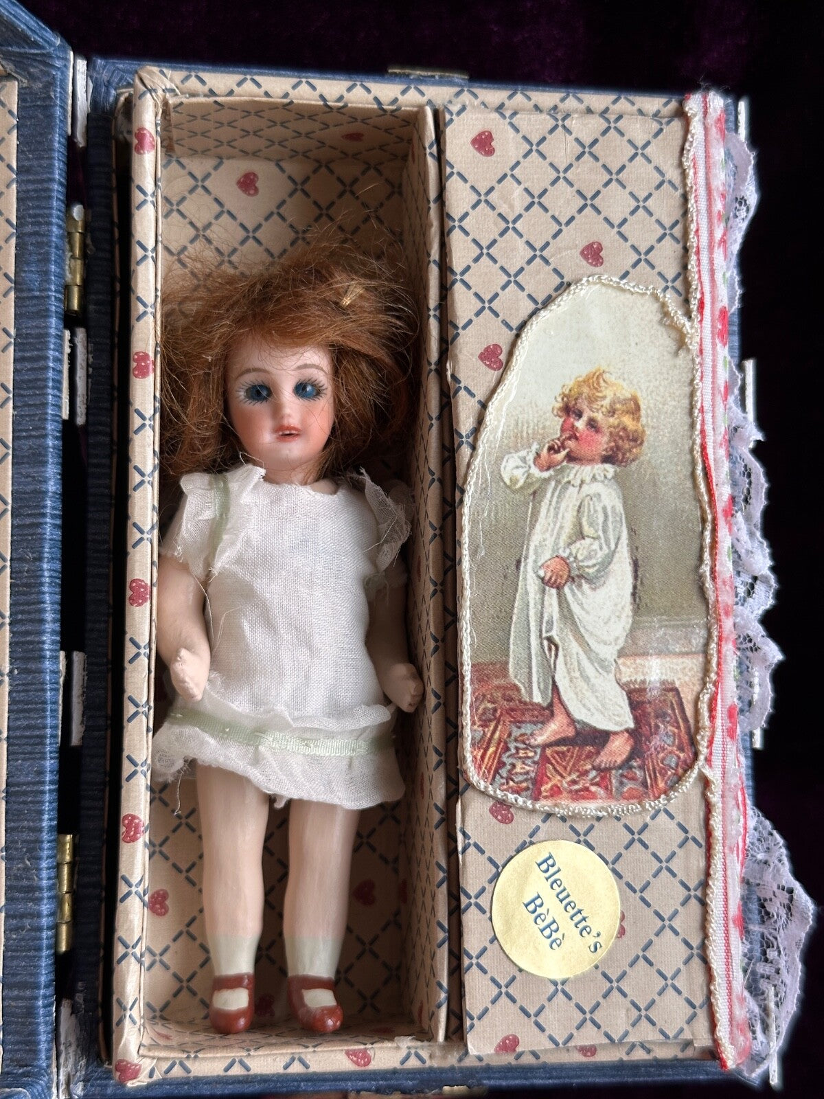 Miniature 4.5” Reproduction of French Bleuette Dollhouse Doll in Trunk + Extra