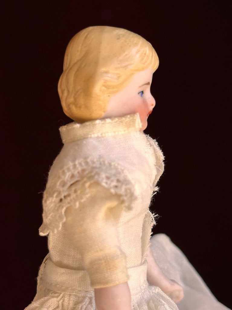 Antique German 5.25” Bisque Shoulder Head Miniature Dollhouse Parian Doll