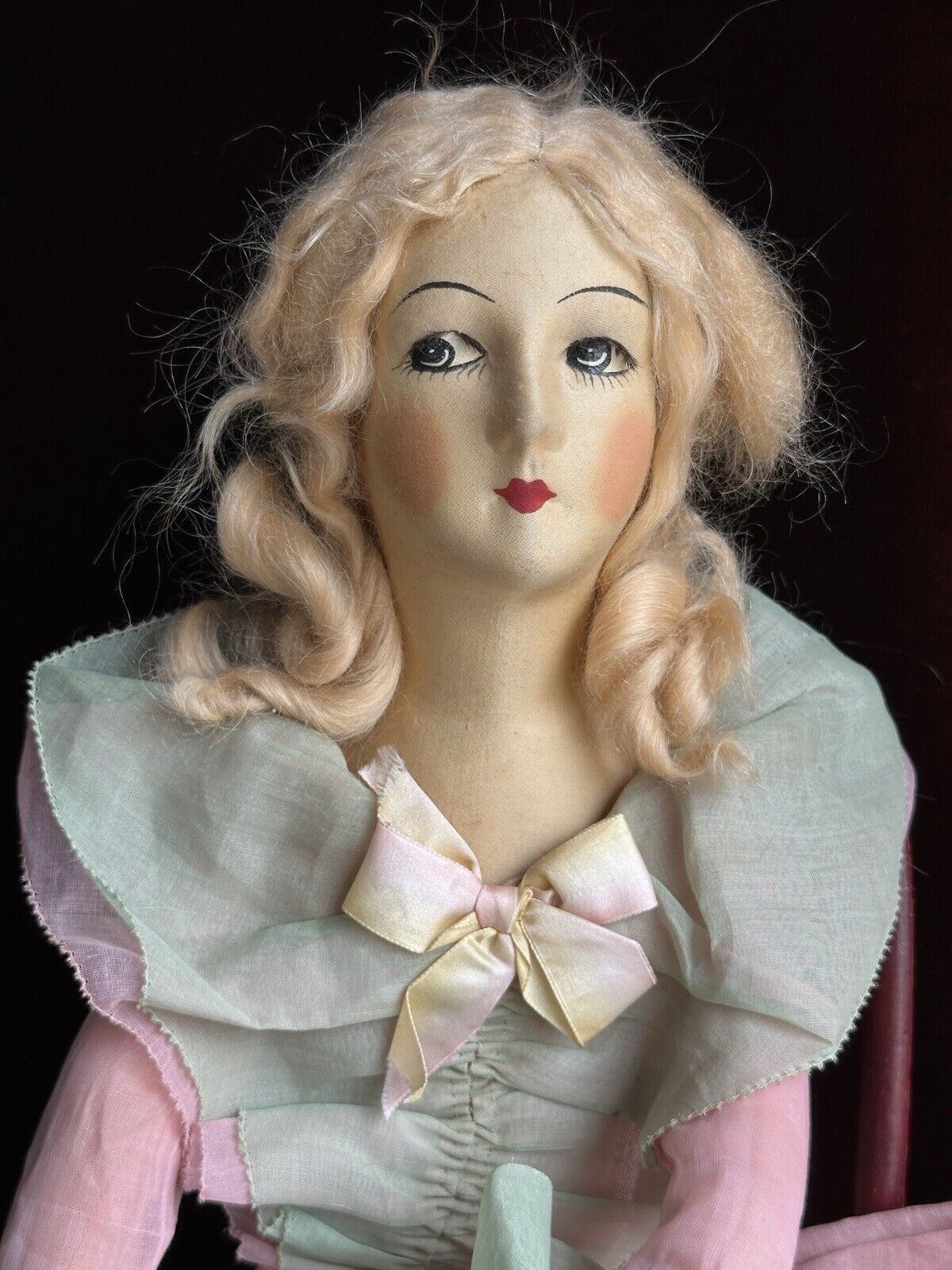 Antique Art Deco 29” French Boudoir Flapper Cloth Face Mask Doll