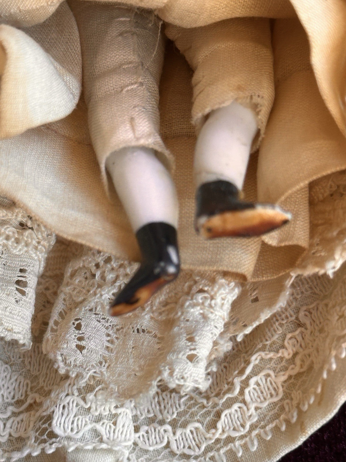 Antique German 4.5” Flat Top Bisque Cloth Miniature Dollhouse China Doll