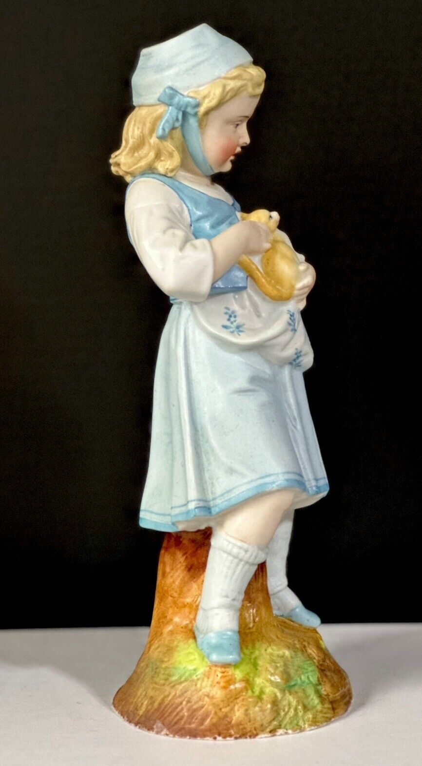 Antique Bisque Large 12” Figurine Girl Holding Cat Marked R In Blue Diamond