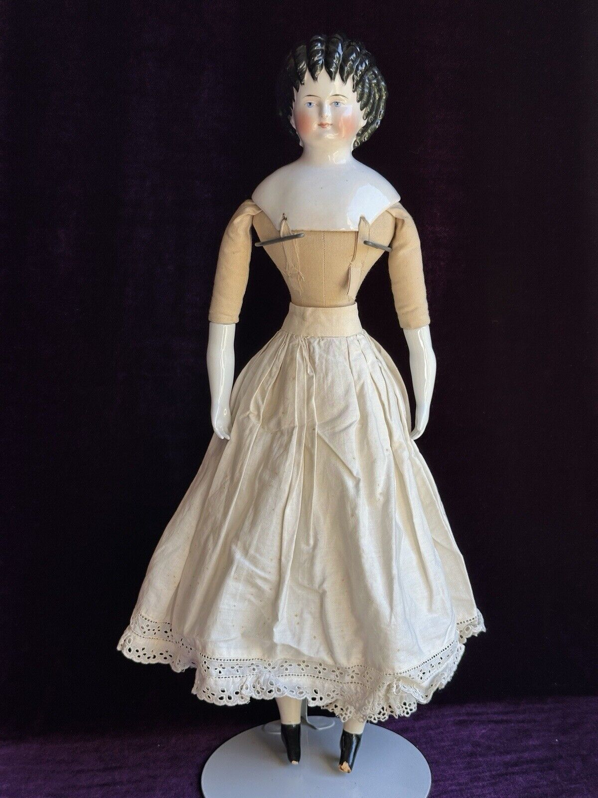 Rare Antique German 22” Alt Beck Gottschalk Curly Top Brunette China Head Doll