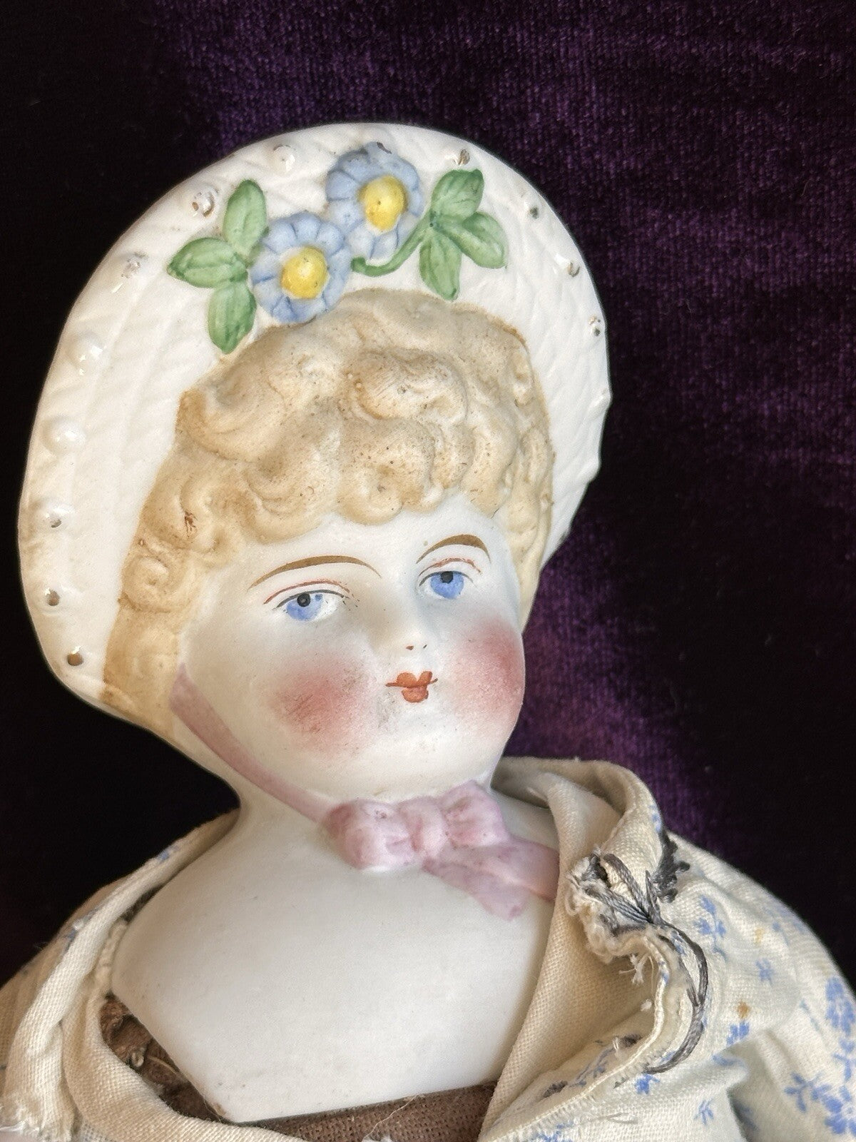 Antique German 12” Hertwig Molded Bonnet Parian Bisque Head China Doll