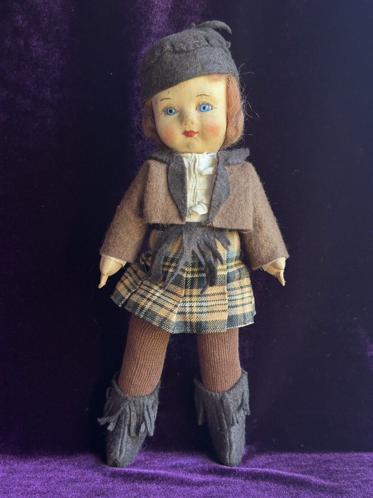 Vintage Early English 12” Chad Valley Hygienic Cloth Girl Doll with Glass Eyes