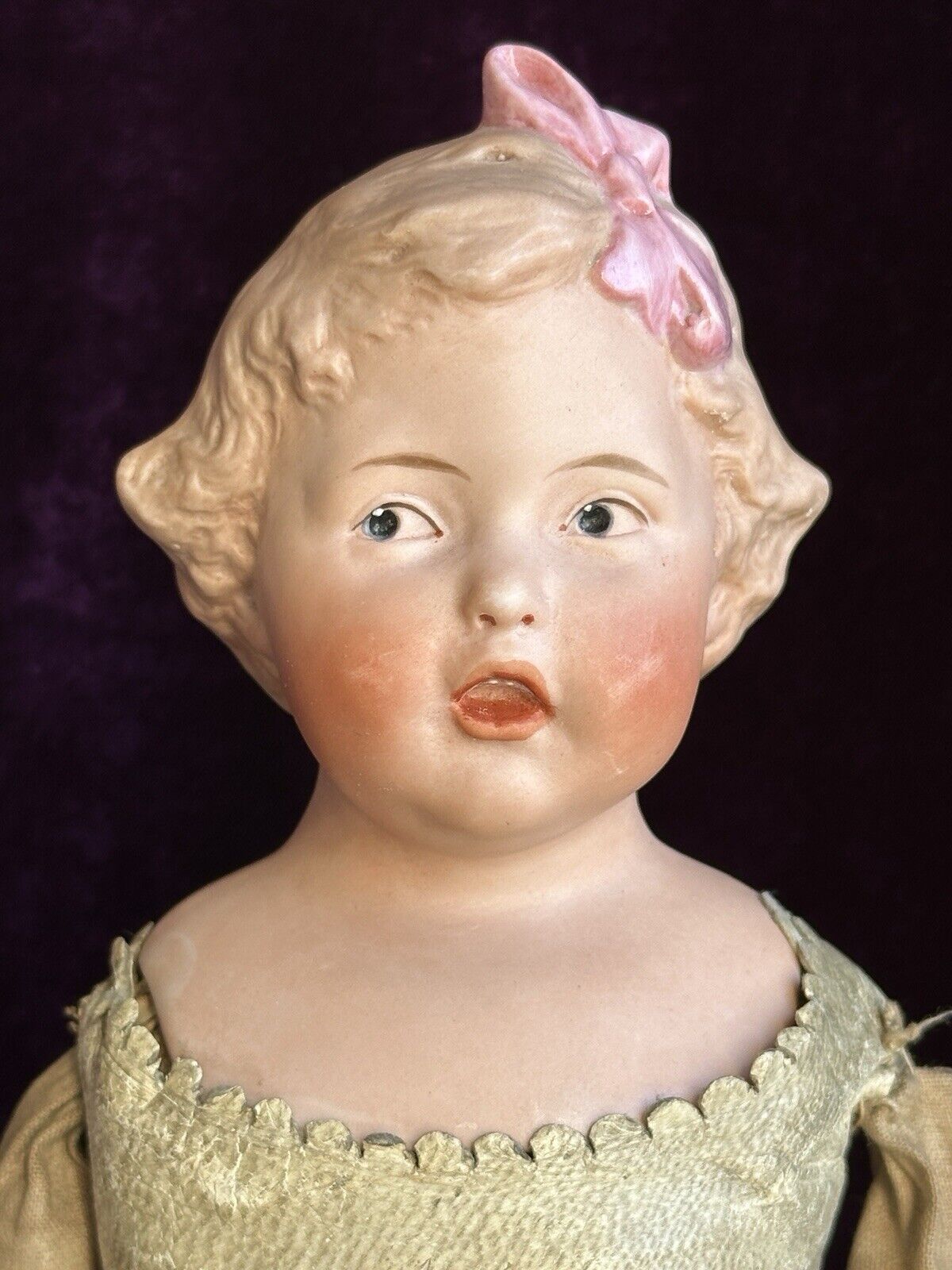 Rare Antique German Gebruder Heubach 7851 Pink Bow Bisque Head Girl Doll