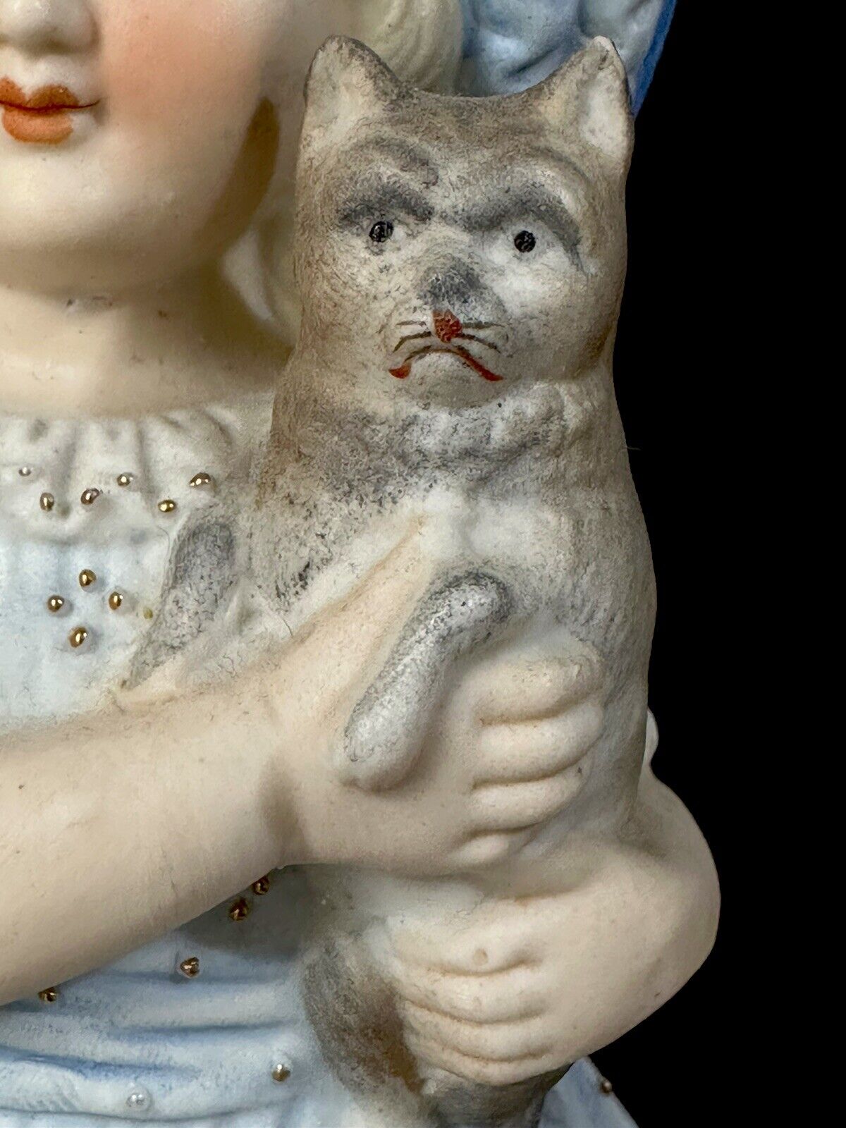 Antique Bisque Large 11” Figurine Boy and Girl In Blue Holding Cats Numbered 15