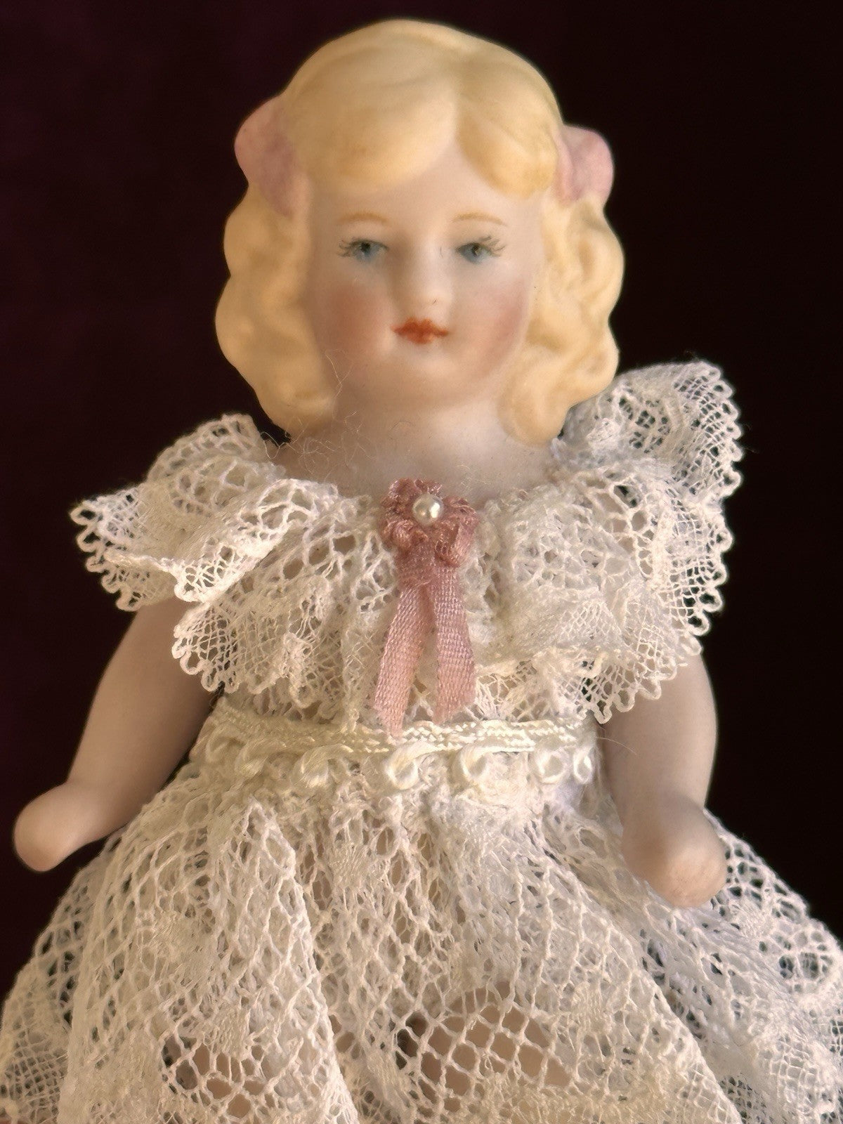All Porcelain 3.75” Repro of Antique German Girl Doll in Presentation Box