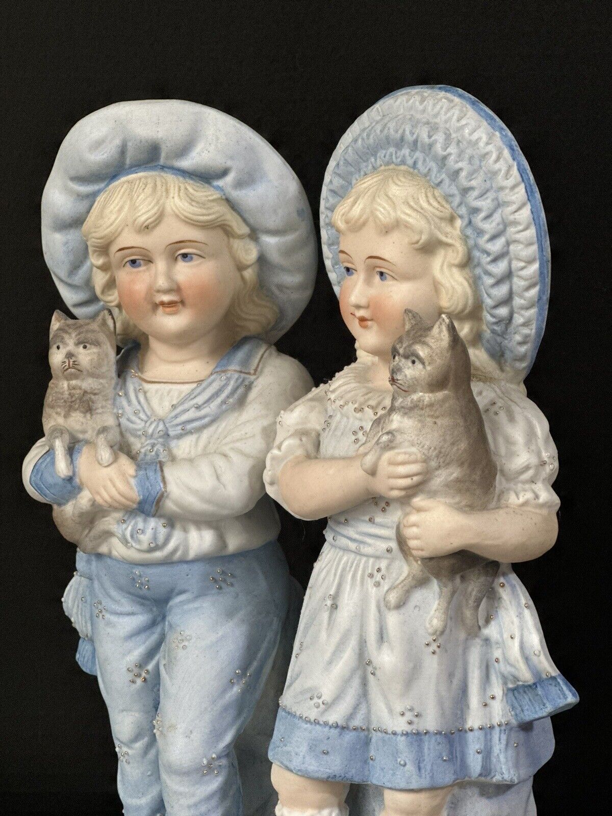 Antique Bisque Large 11” Figurine Boy and Girl In Blue Holding Cats Numbered 15