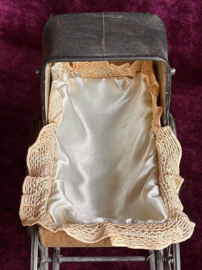 Antique German Miniature All Bisque Limbach Baby Doll in Victorian Pram/Carriage