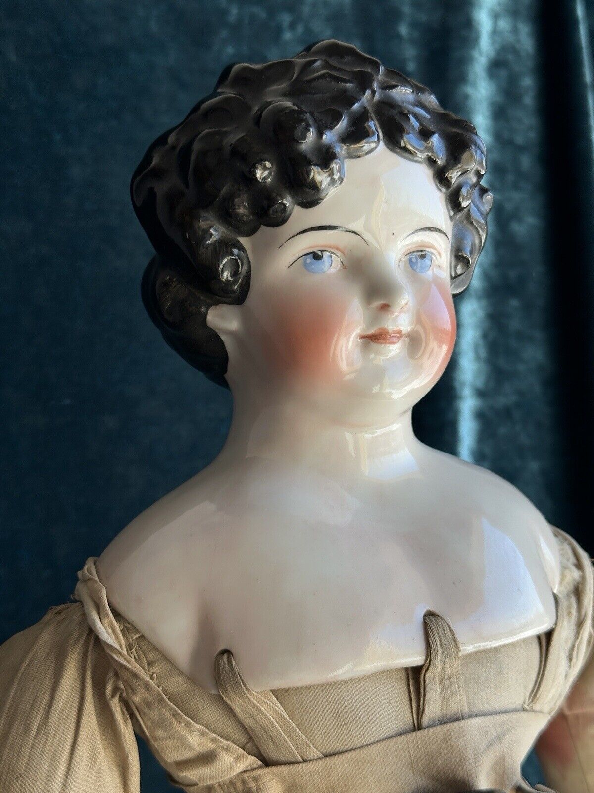 Antique German 26” Dolly Madison China Shoulder Head Doll with Molded Bow