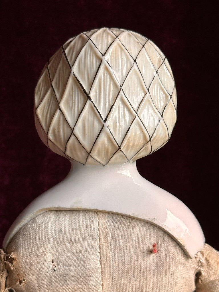 Rare Antique German 17.5” Molded Snood Blue Bows China Shoulder Head Doll
