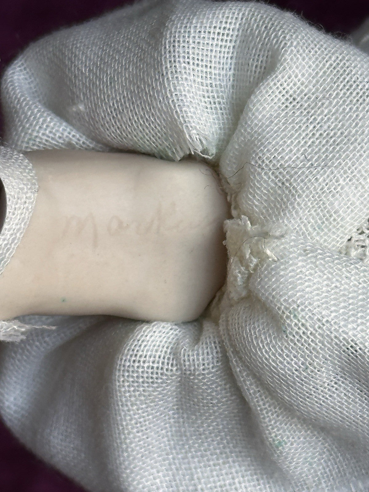 All Porcelain Signed Miniature Hilda (?) Dollhouse Baby Doll in Metal Buggy