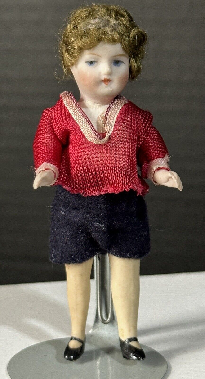 Antique German Flapper (?) All Bisque 3 3/4” Mignonette Girl Doll Dollhouse Size