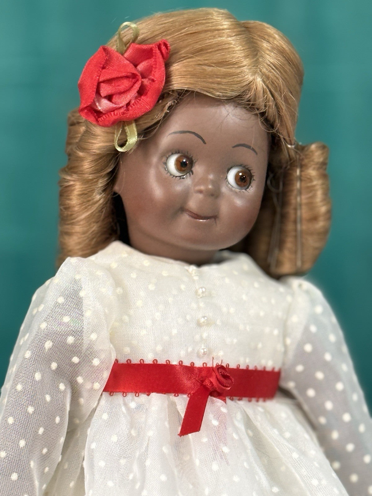 Reproduction of Antique German JDK 221 Googly Eyes 14” Dark Complexion Doll