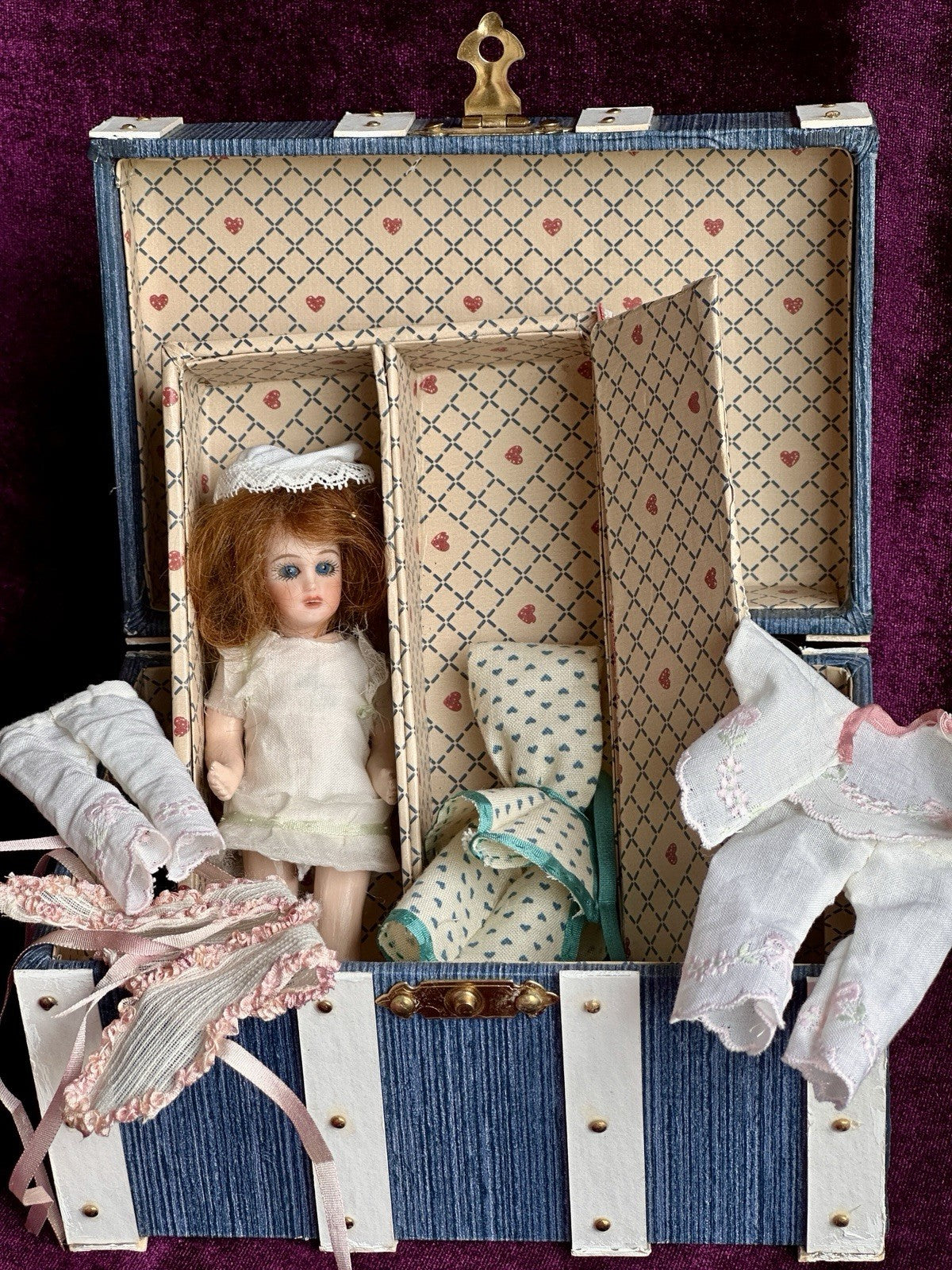 Miniature 4.5” Reproduction of French Bleuette Dollhouse Doll in Trunk + Extra