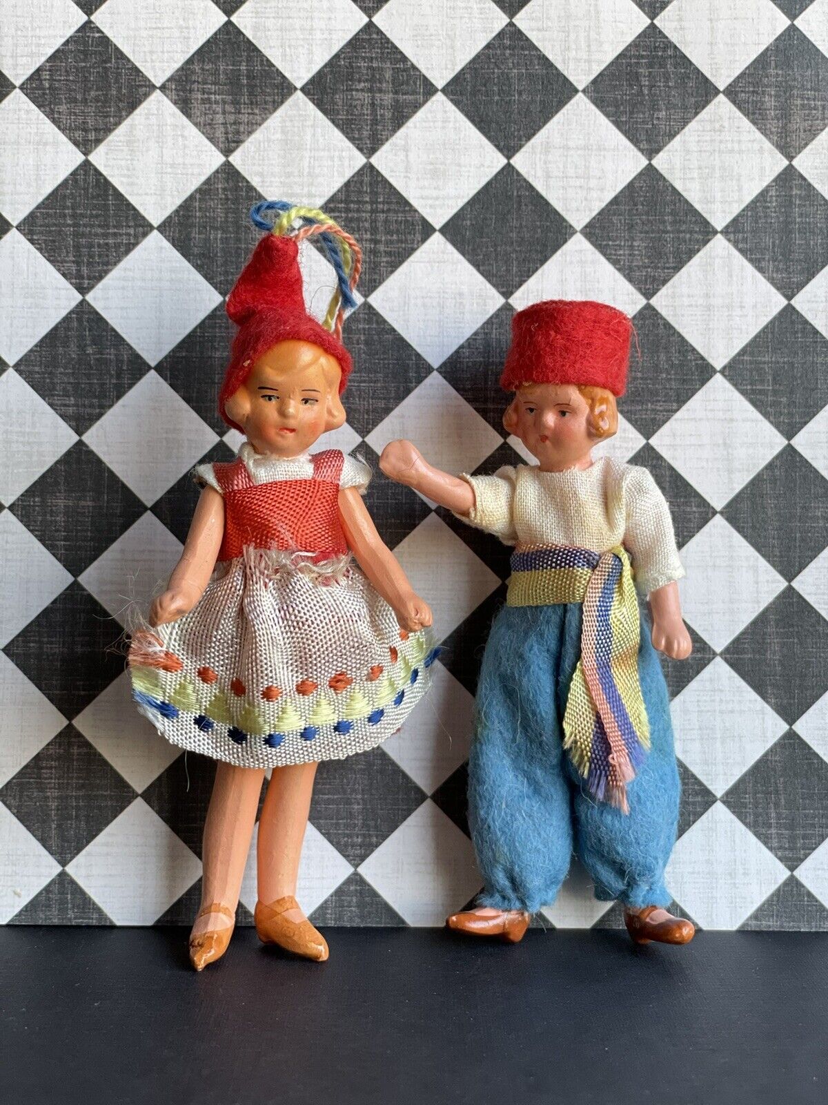 Pair of Antique German Hertwig All Bisque Miniature Dollhouse Boy and Girl Dolls