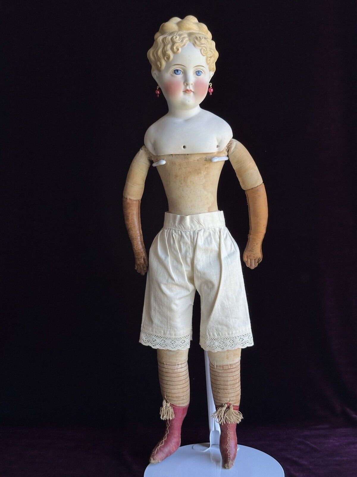 Very Rare Antique German 22” Parian Bisque Turned Head Pierced Ears Lady Doll