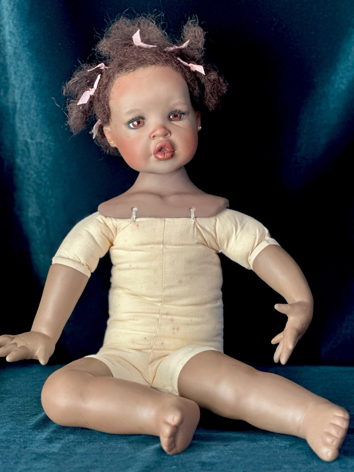 Collectible Porcelain Artist Dark Complexion 21” Baby Doll With Teddy Bear