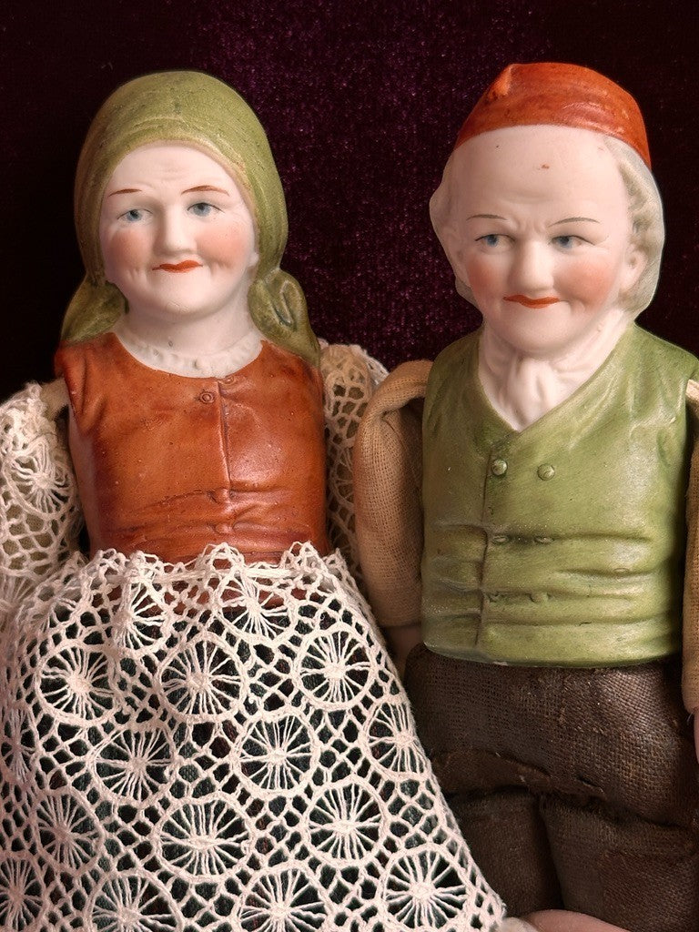 Pair Antique German Hertwig 6.5” Bisque Molded Torsos Character Dollhouse Dolls