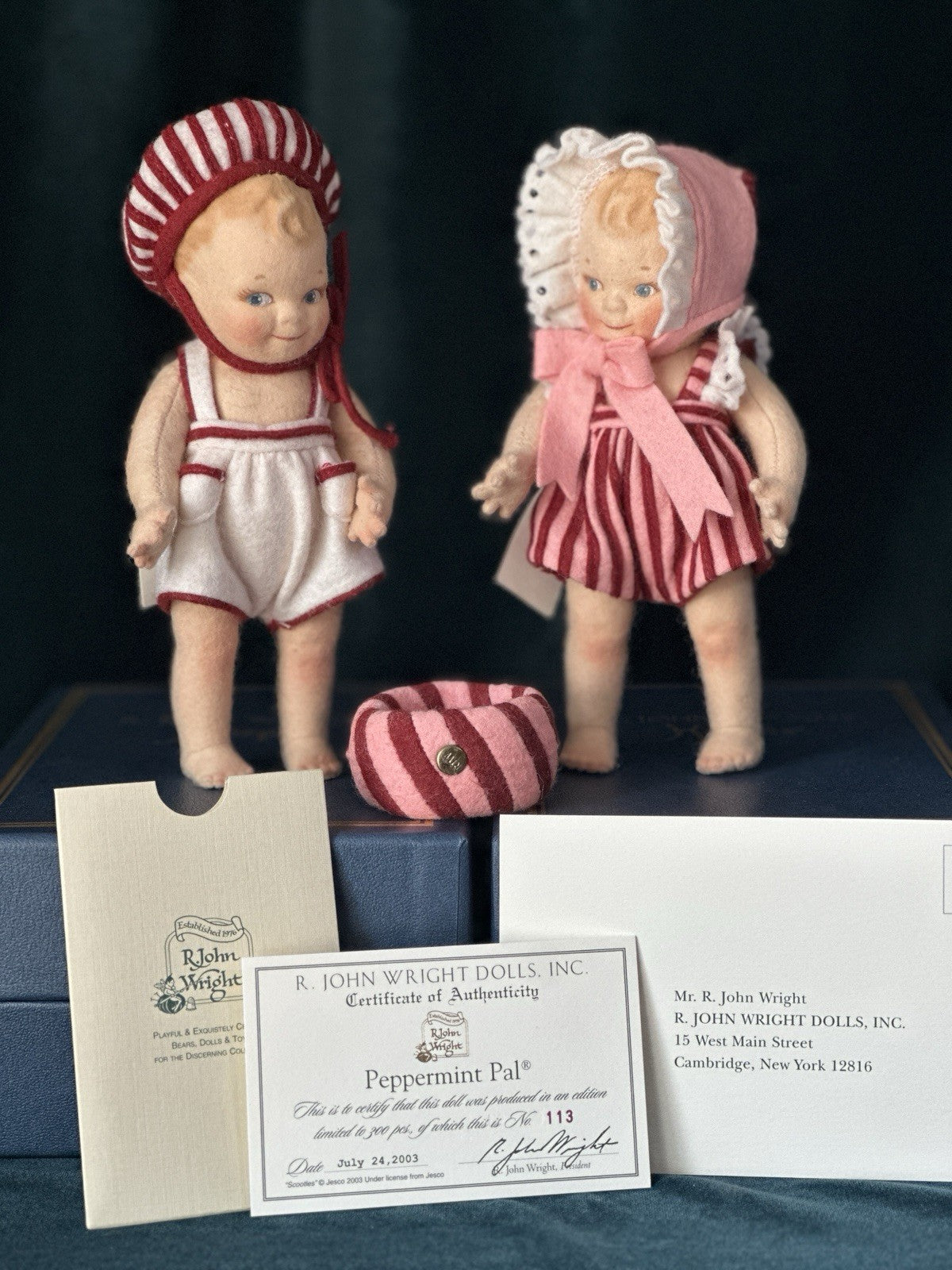 Lot Of 2 John R. Wright Peppermint Pal And Scootles 6” Felt Dolls LE 300