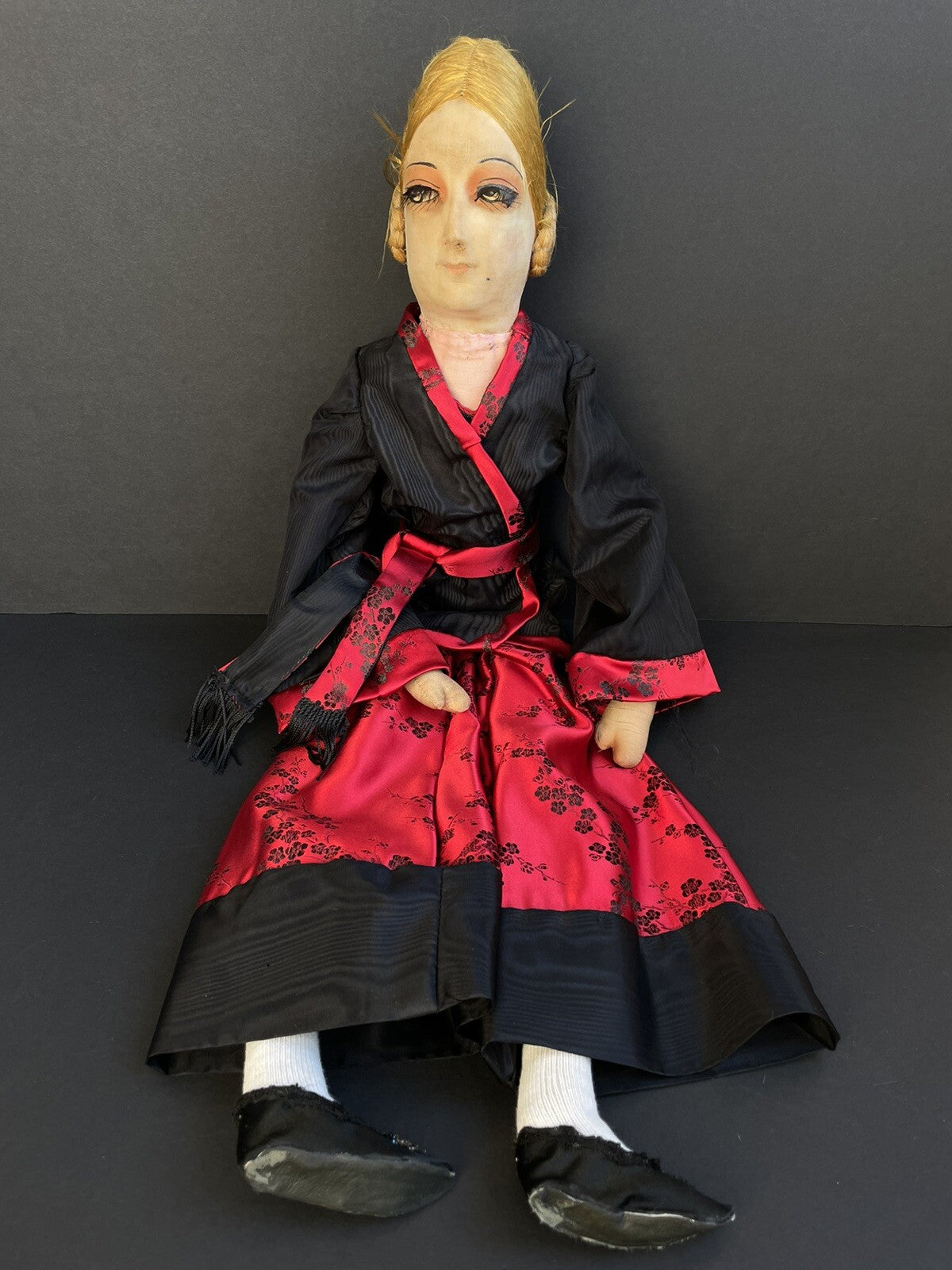 Antique Art Deco 30” French Boudoir Flapper Cloth Face Mask Doll