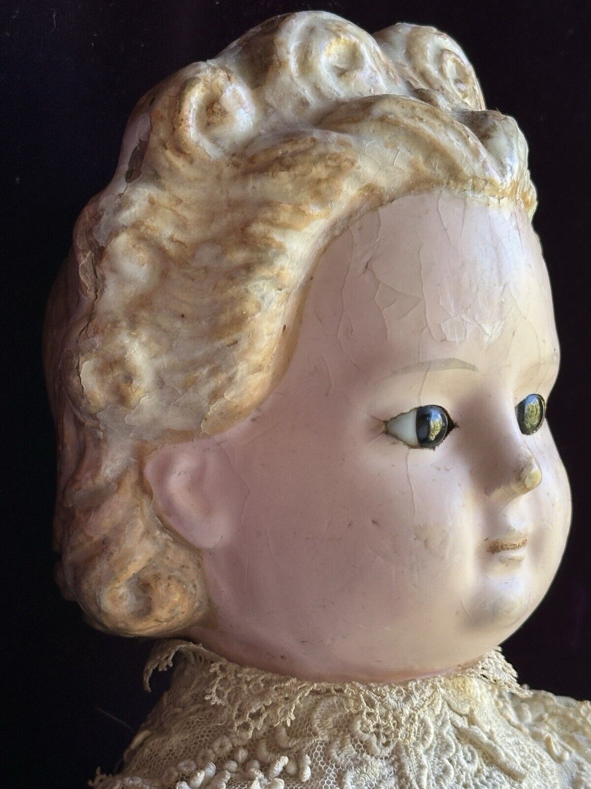 Large Antique German 29” Wax Over Papier Mache Pumpkin Head Doll