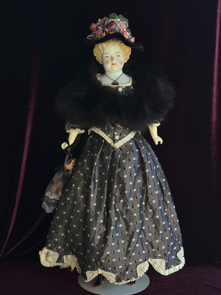 Large Antique German 26” Flat Top Highbrow China Shoulder Head Blonde Doll