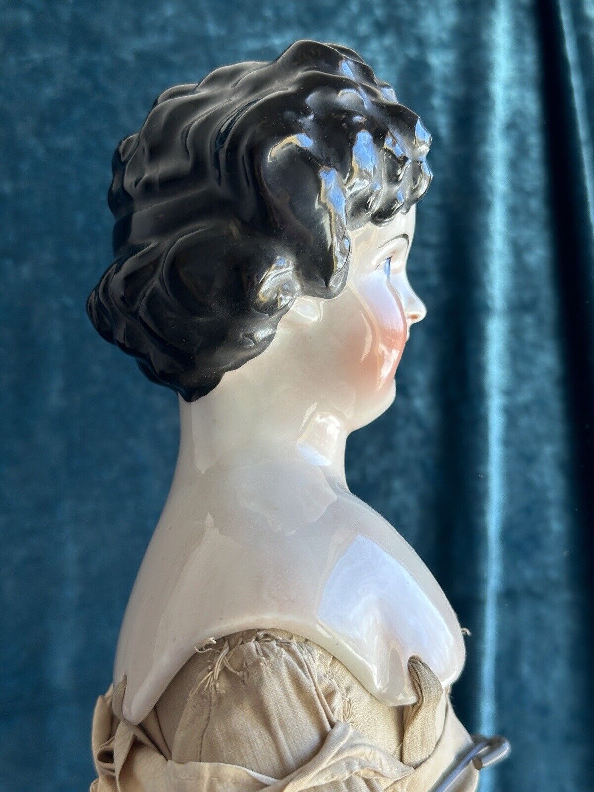 Antique German 26” Dolly Madison China Shoulder Head Doll with Molded Bow