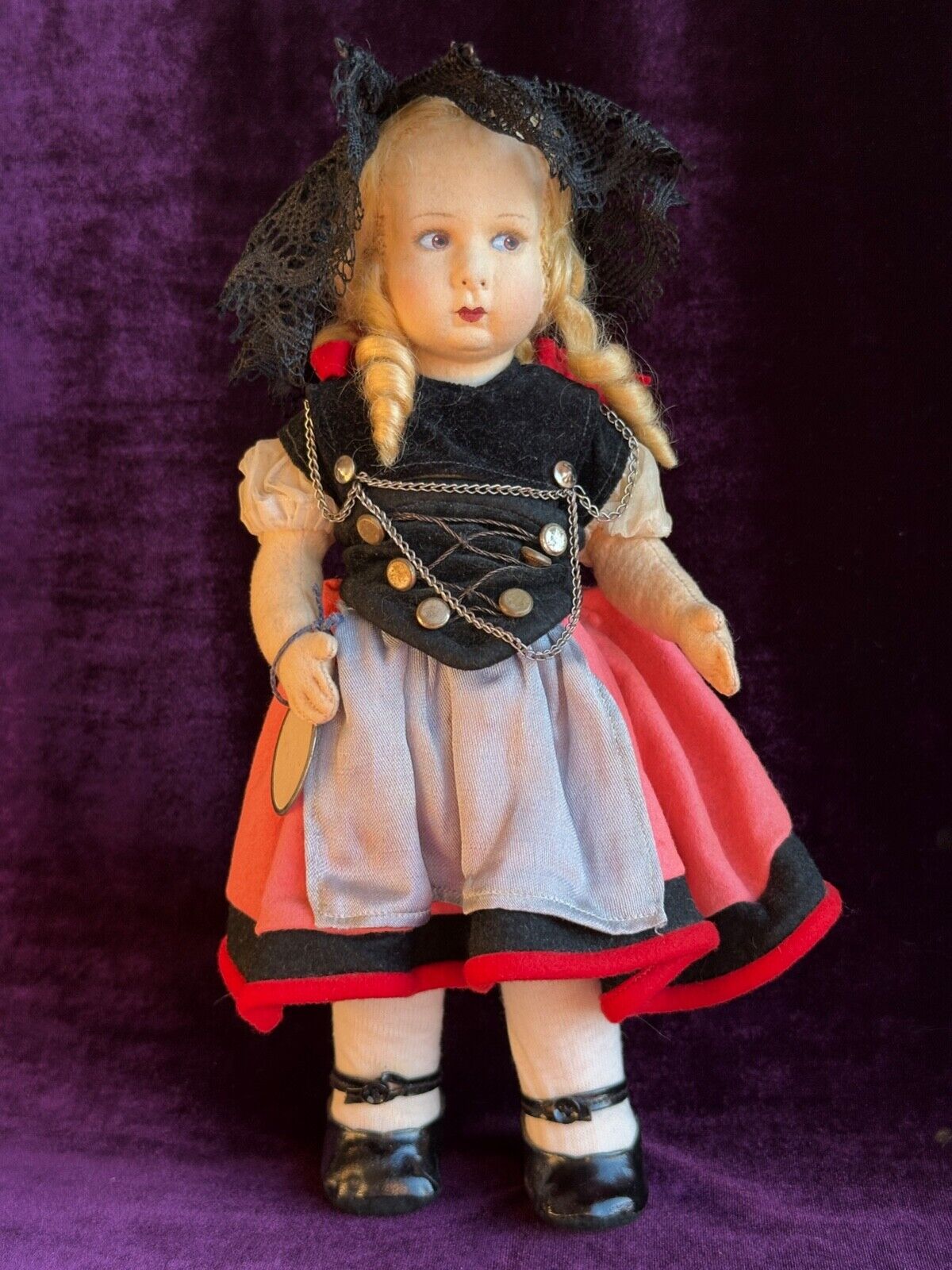 Vintage 12” Italian Alma (?) All Original Felt Cloth Doll