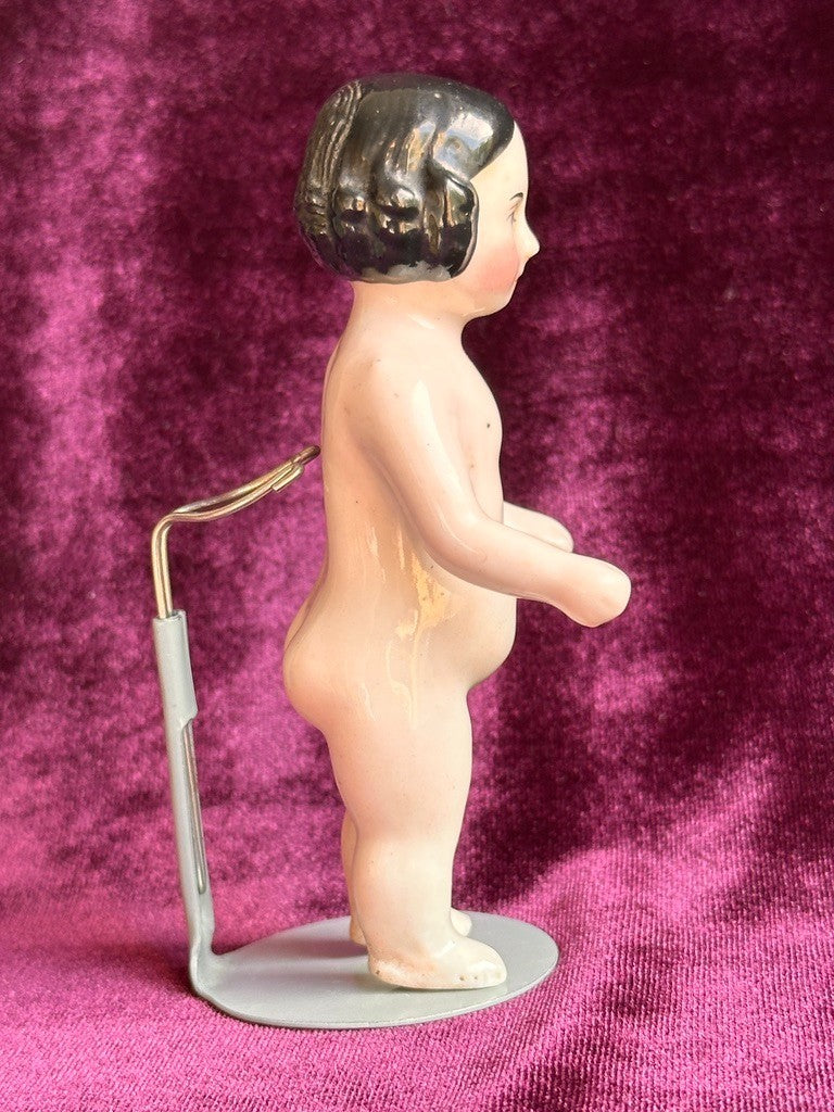 Antique German 4.25” Frozen Charlotte Pink Tint Covered Wagon China Doll