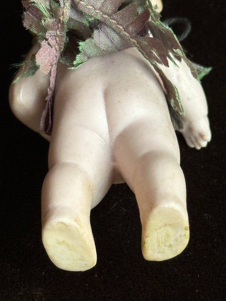 Antique German Hertwig Miniature 4" All Bisque Dollhouse Doll Molded Bow